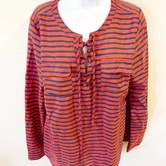 Umgee Tie Front Striped Blouse Orange Size Large - Picture 3 of 11